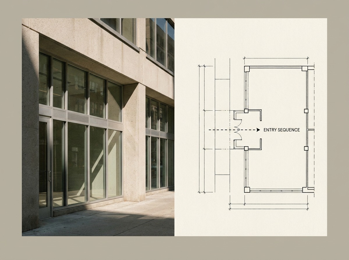 Split-frame — facade photo + circulation floor plan Split-frame commercial design graphic comparing an entry facade photo with a circulation floor plan. | Sky Rye Design Split-frame commercial design graphic comparing an entry facade photo with a circulation floor plan.