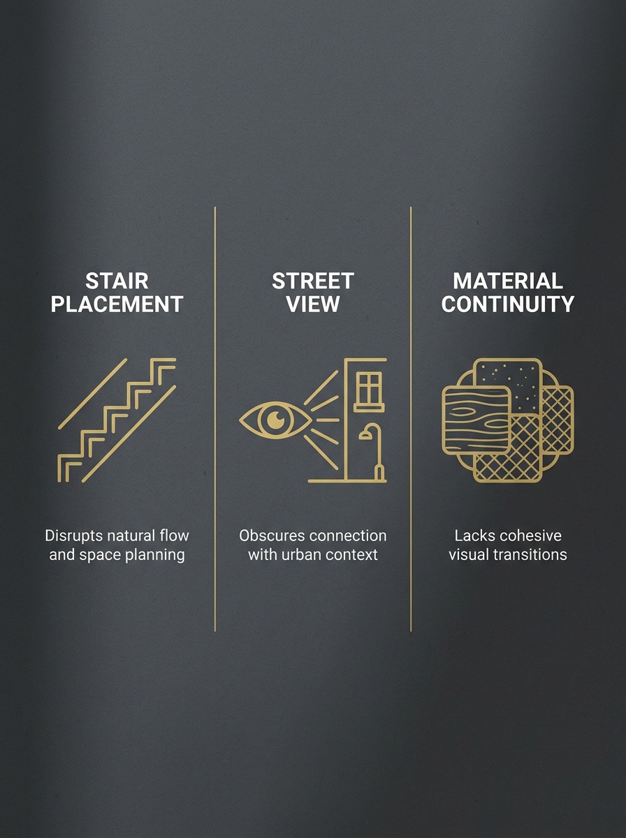 Common home addition design mistakes infographic Flat infographic showing stair placement, street view, and material continuity as common home addition design mistakes. | Sky Rye Design Flat infographic showing stair placement, street view, and material continuity as common home addition design mistakes.