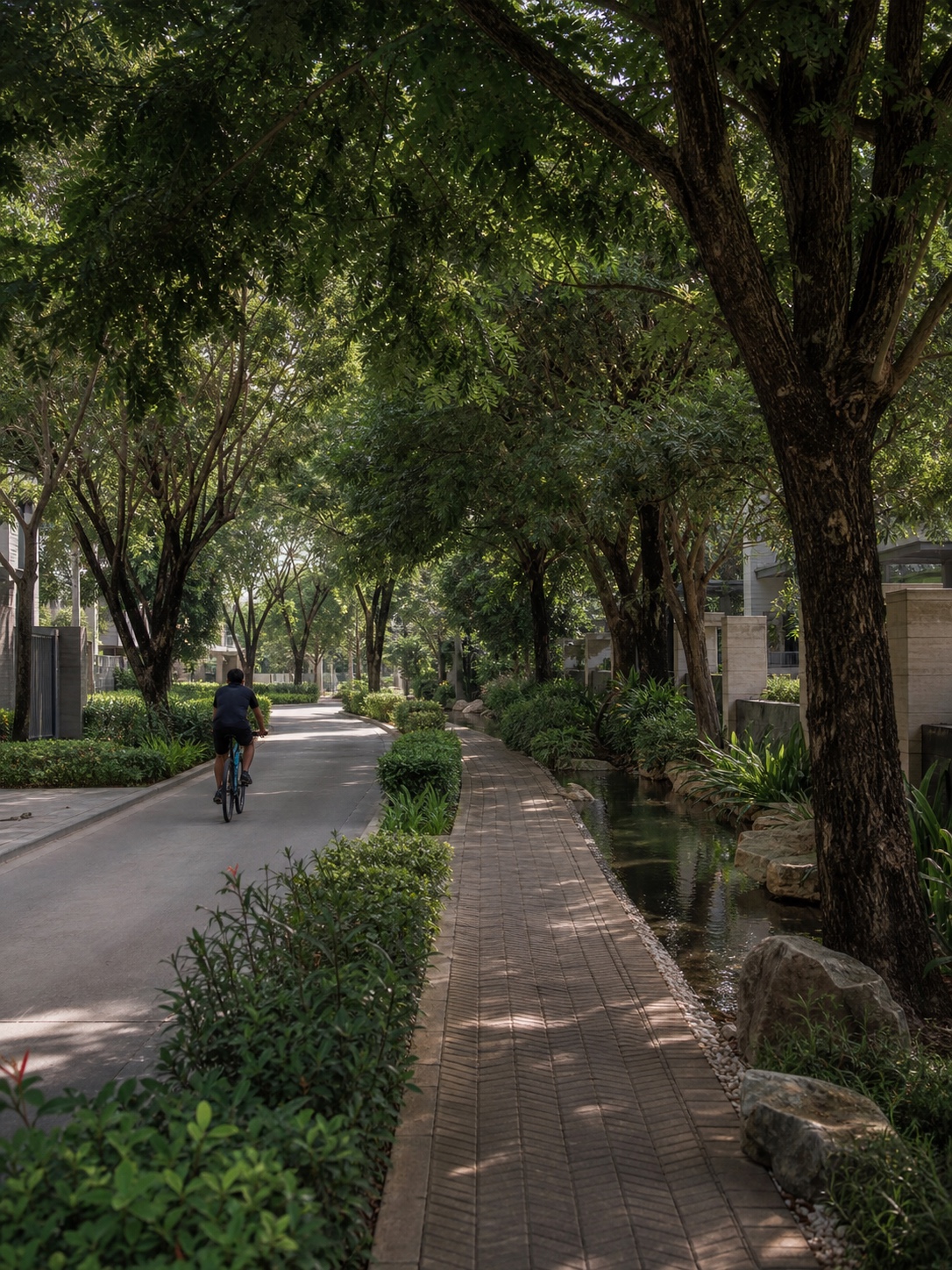 Cycling and walking track beside a water feature Shaded cycling and walking track following a landscaped water feature inside a private community | Sky Rye Design Shaded cycling and walking track following a landscaped water feature inside a private community