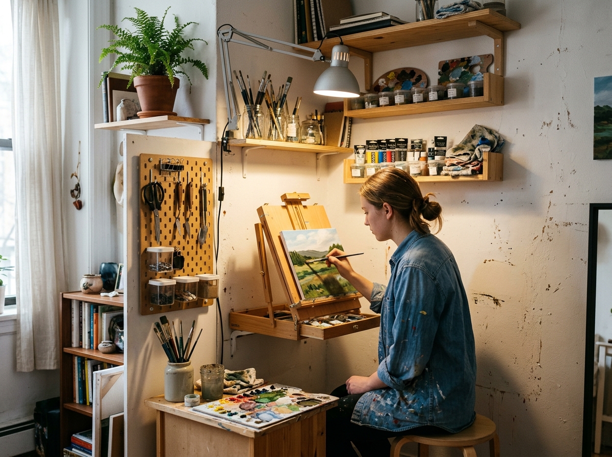 Compact Home Art Studio Corner in an Apartment A compact 6x8 foot home art studio corner in a small apartment utilizing wall-mounted shelves, a folding easel, and bright task lighting. | Sky Rye Design A compact 6x8 foot home art studio corner in a small apartment utilizing wall-mounted shelves, a folding easel, and bright task lighting.