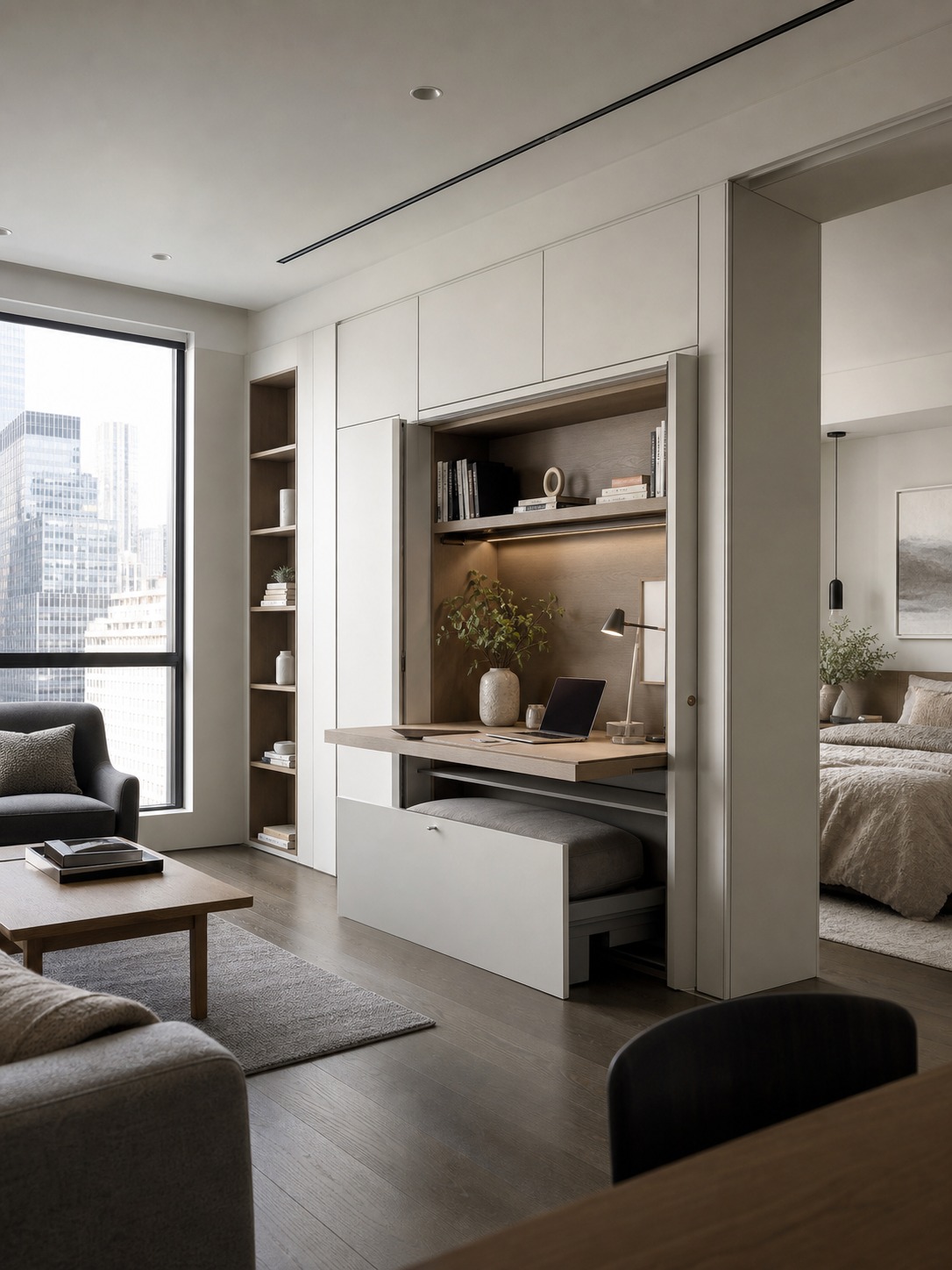 Compact one-bedroom apartment with a fold-away desk nook and multifunctional storage.