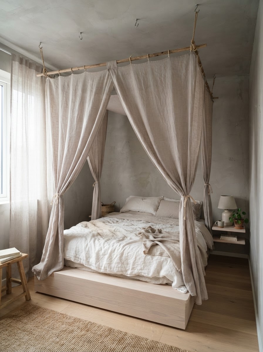 Compact Contemporary Corner Canopy Elegant four-poster canopy bed with minimalist beige curtains and soft ambient lighting. | Sky Rye Design Elegant four-poster canopy bed with minimalist beige curtains and soft ambient lighting.