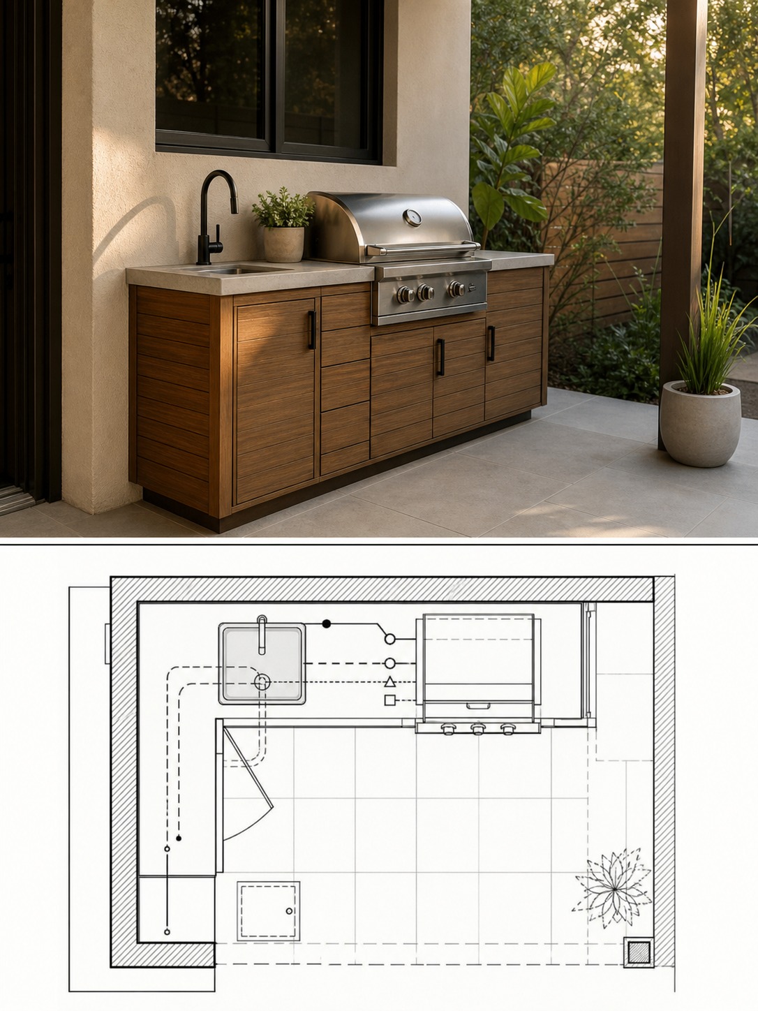 Split reference image showing a compact corner outdoor kitchen and a matching floor plan with access routes.