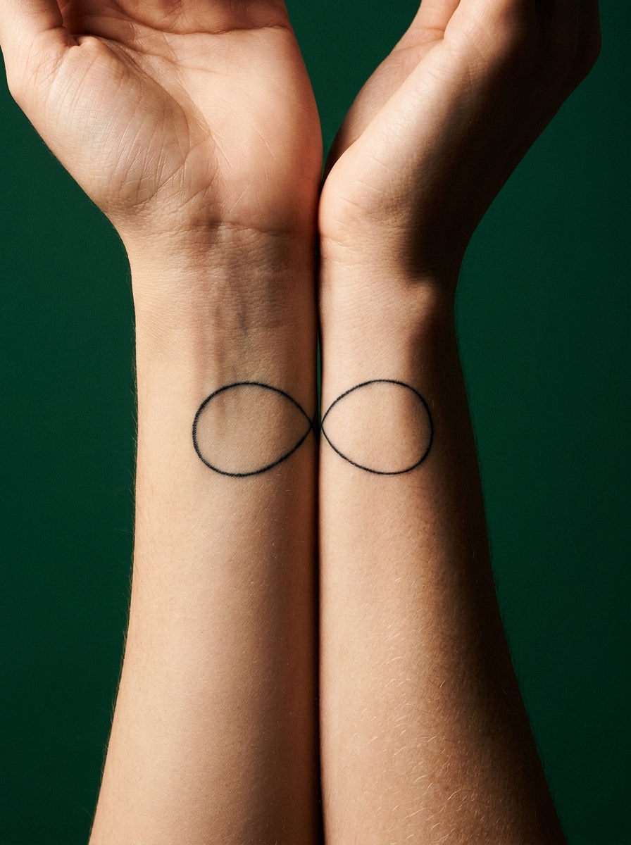 Two wrists aligned so complementary infinity tattoo halves form one complete symbol