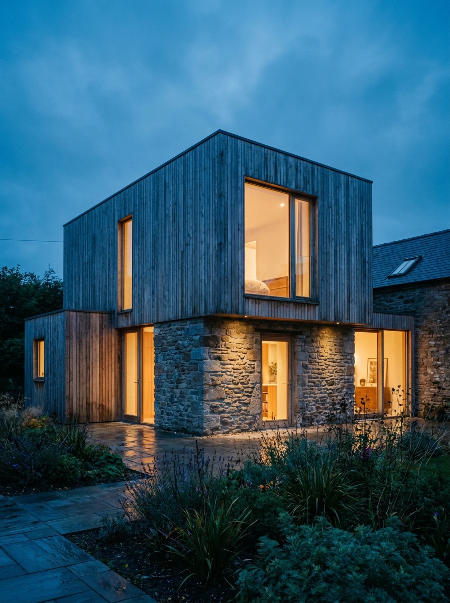 Completed home addition with unified blue-hour silhouette Completed home addition at blue hour with original and new volumes reading as one unified silhouette. | Sky Rye Design Completed home addition at blue hour with original and new volumes reading as one unified silhouette.
