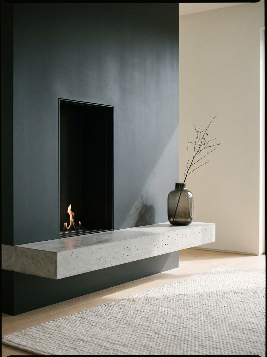 Concrete fireplace wall with vertical firebox, floating bench, glass vase, and minimal fireplace decor