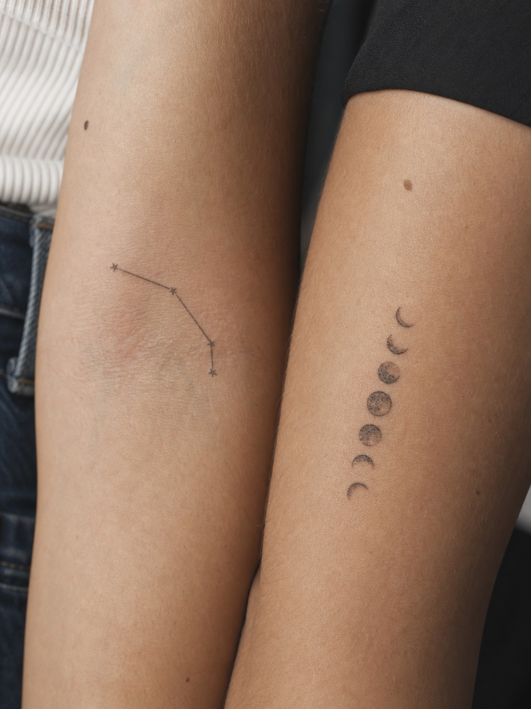 Constellation and moon phase zodiac tattoos Close-up of a constellation dot-map tattoo beside a crescent-to-full moon phase sequence. | Sky Rye Design Close-up of a constellation dot-map tattoo beside a crescent-to-full moon phase sequence.