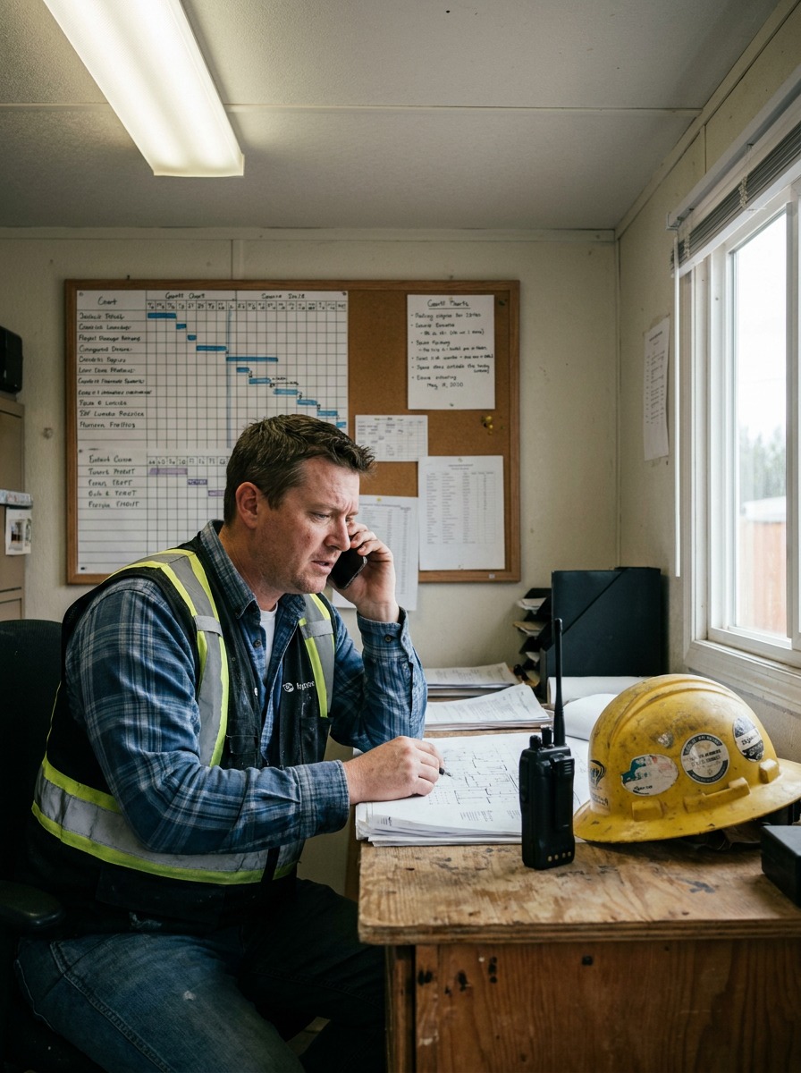 Project Manager at Construction Job Site Trailer Desk Documentary photograph of a construction project manager at a job site trailer desk with project schedule on corkboard. | Sky Rye Design Documentary photograph of a construction project manager at a job site trailer desk with project schedule on corkboard.