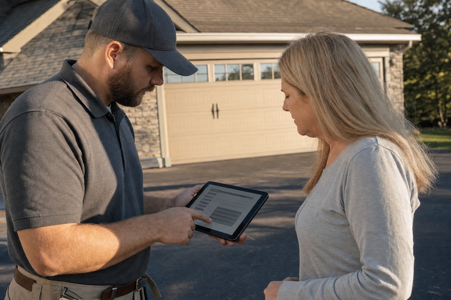 Roofing contractor and homeowner reviewing a roof estimate together on a tablet