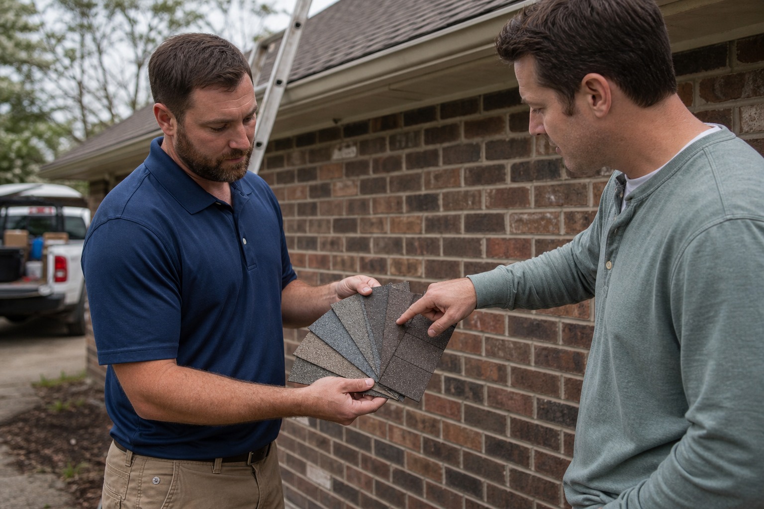 Roofing contractor and homeowner comparing shingle samples against a brick wall