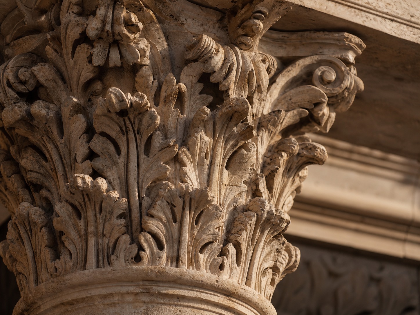 Corinthian capital with acanthus leaves Close-up of a Corinthian capital carved with layered acanthus leaves and weathered stone detail | Sky Rye Design Close-up of a Corinthian capital carved with layered acanthus leaves and weathered stone detail
