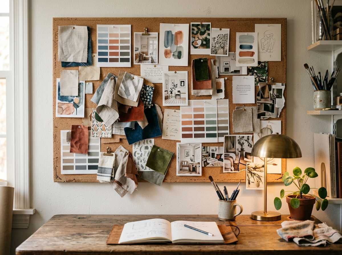 Corkboard Mood Board in a Creative Workspace A corkboard mood board above a desk, decorated with fabric swatches, printed color palettes, and art prints under warm ambient lighting. | Sky Rye Design A corkboard mood board above a desk, decorated with fabric swatches, printed color palettes, and art prints under warm ambient lighting.