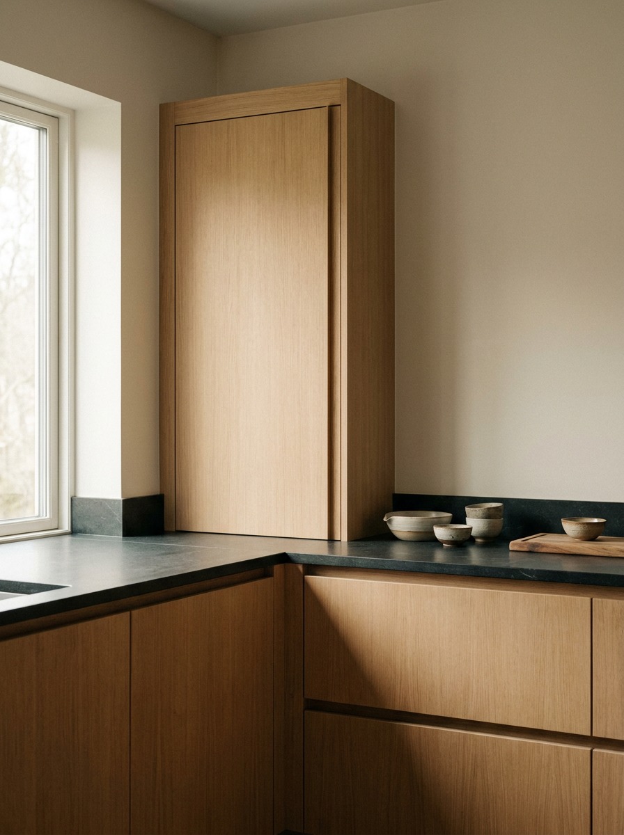 Built-in corner appliance garage with flush cabinetry and a matte stone countertop