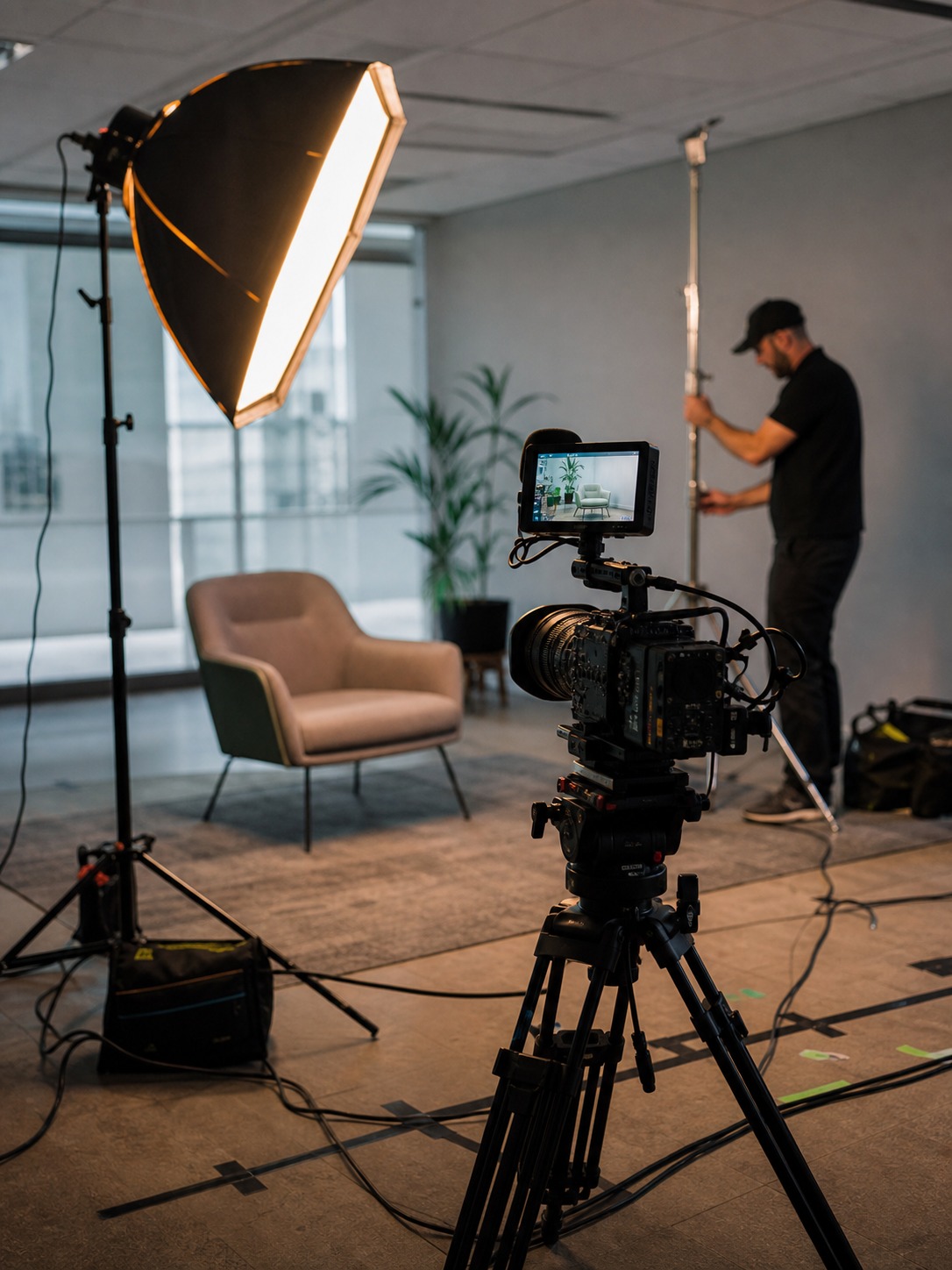 Corporate video lighting setup Corporate video set with camera rig, softbox, interview chair, and a crew member adjusting a light stand. | Sky Rye Design Corporate video set with camera rig, softbox, interview chair, and a crew member adjusting a light stand.