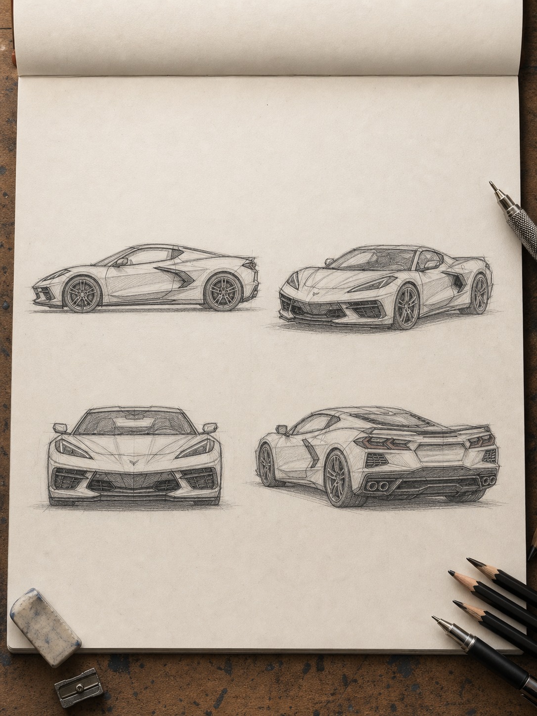 Corvette C8 four-angle sketch grid Four small Corvette C8 sketches from side, three-quarter front, straight front, and rear three-quarter angles. | Sky Rye Design Four small Corvette C8 sketches from side, three-quarter front, straight front, and rear three-quarter angles.