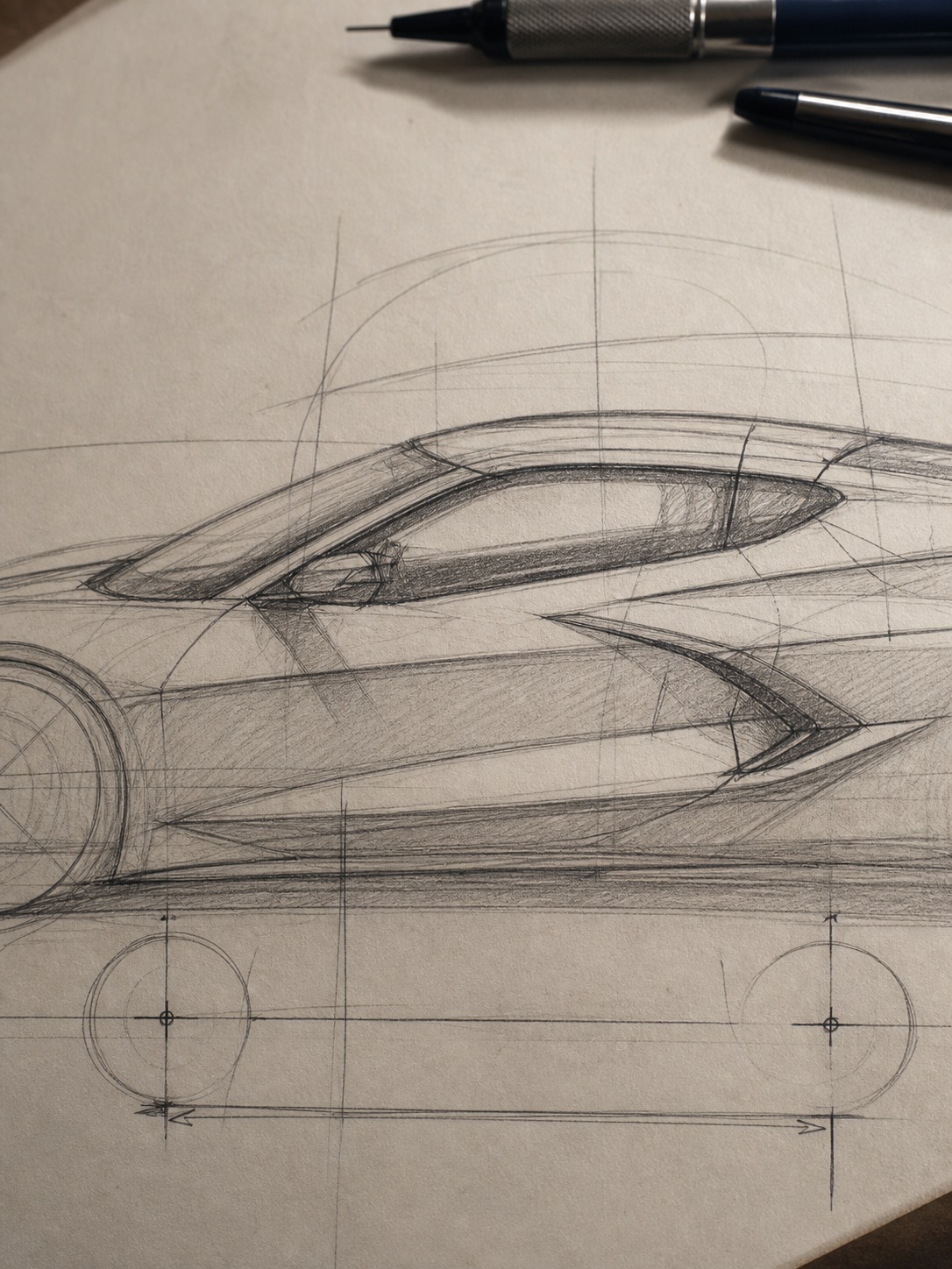 Corvette C8 roofline and wheelbase construction Close-up pencil sketch of a Corvette C8 greenhouse and roofline with visible wheelbase construction marks. | Sky Rye Design Close-up pencil sketch of a Corvette C8 greenhouse and roofline with visible wheelbase construction marks.