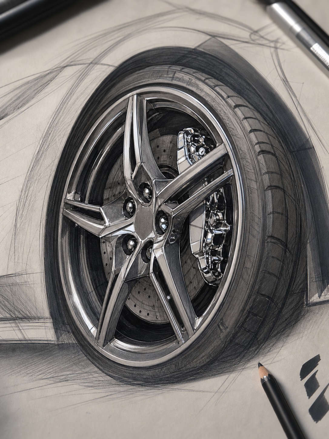 Corvette C8 wheel and chrome detail rendering Detailed pencil and marker rendering of a Corvette C8 front wheel and chrome brake caliper in three-quarter perspective. | Sky Rye Design Detailed pencil and marker rendering of a Corvette C8 front wheel and chrome brake caliper in three-quarter perspective.