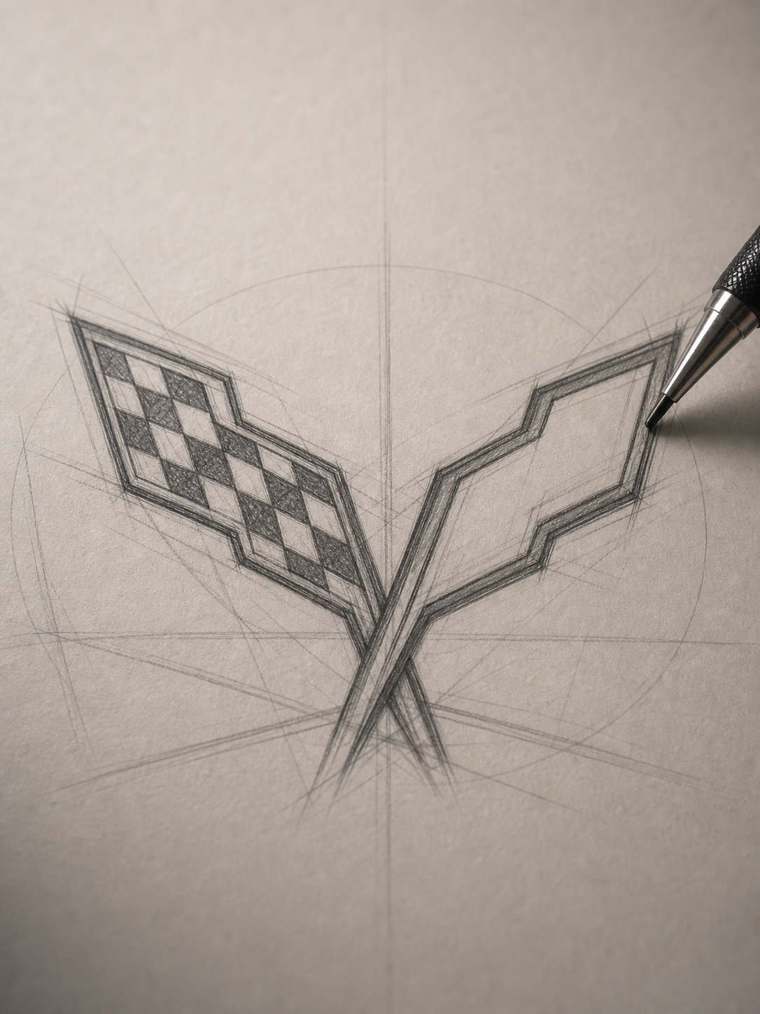 Generic crossed racing flags pencil sketch Close-up pencil sketch of a generic crossed racing-flags emblem with construction lines on smooth paper. | Sky Rye Design Close-up pencil sketch of a generic crossed racing-flags emblem with construction lines on smooth paper.