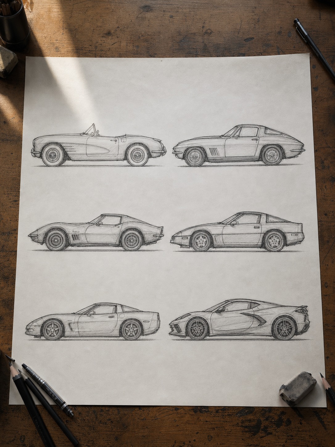 Corvette generation silhouette comparison Pencil comparison grid of Corvette generation silhouettes from C1 through C8 on a large sheet of paper. | Sky Rye Design Pencil comparison grid of Corvette generation silhouettes from C1 through C8 on a large sheet of paper.