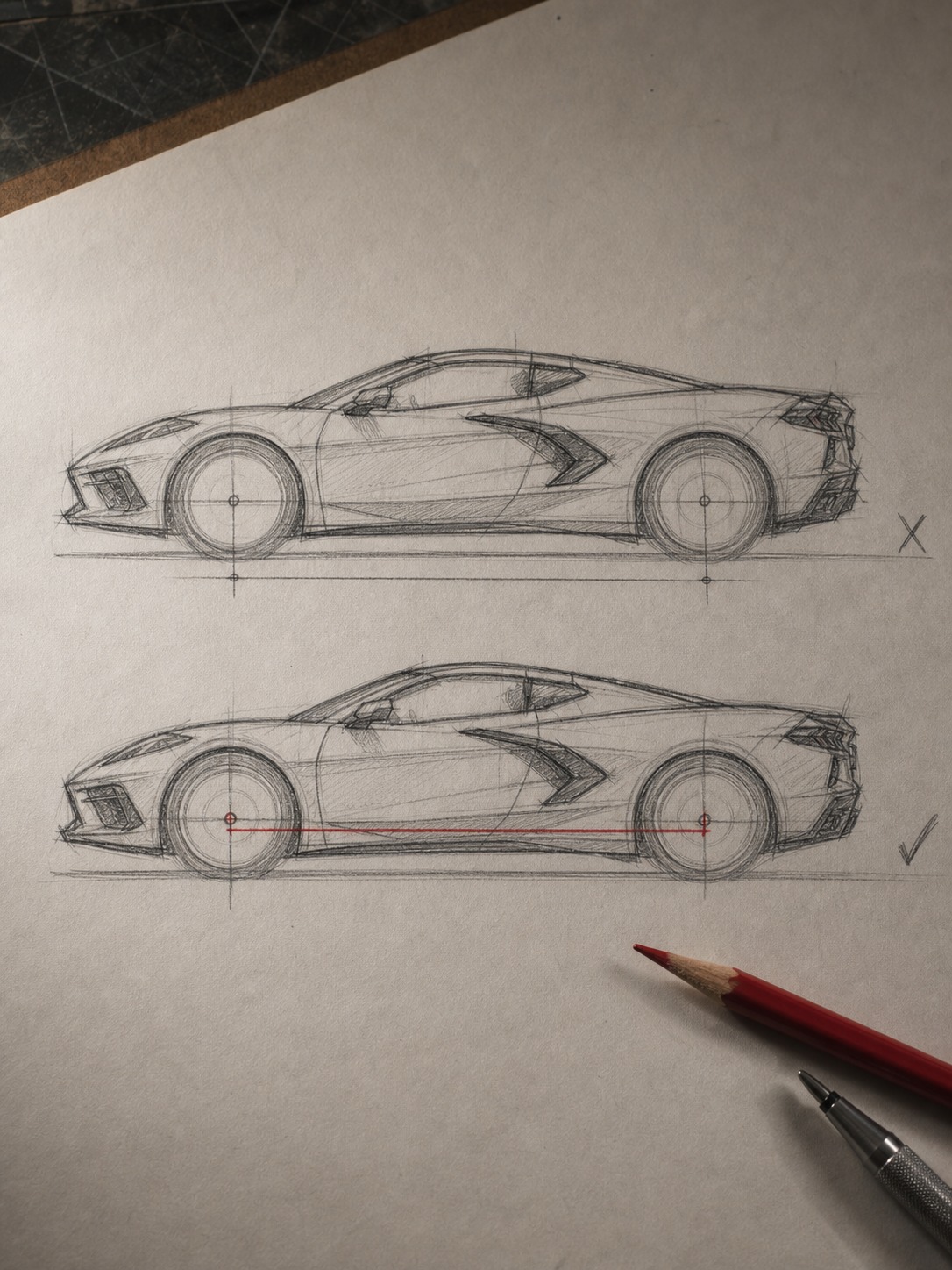 Corvette wheelbase proportion correction sketch Pencil sketch showing a Corvette wheelbase proportion mistake with a red correction line over the original error. | Sky Rye Design Pencil sketch showing a Corvette wheelbase proportion mistake with a red correction line over the original error.