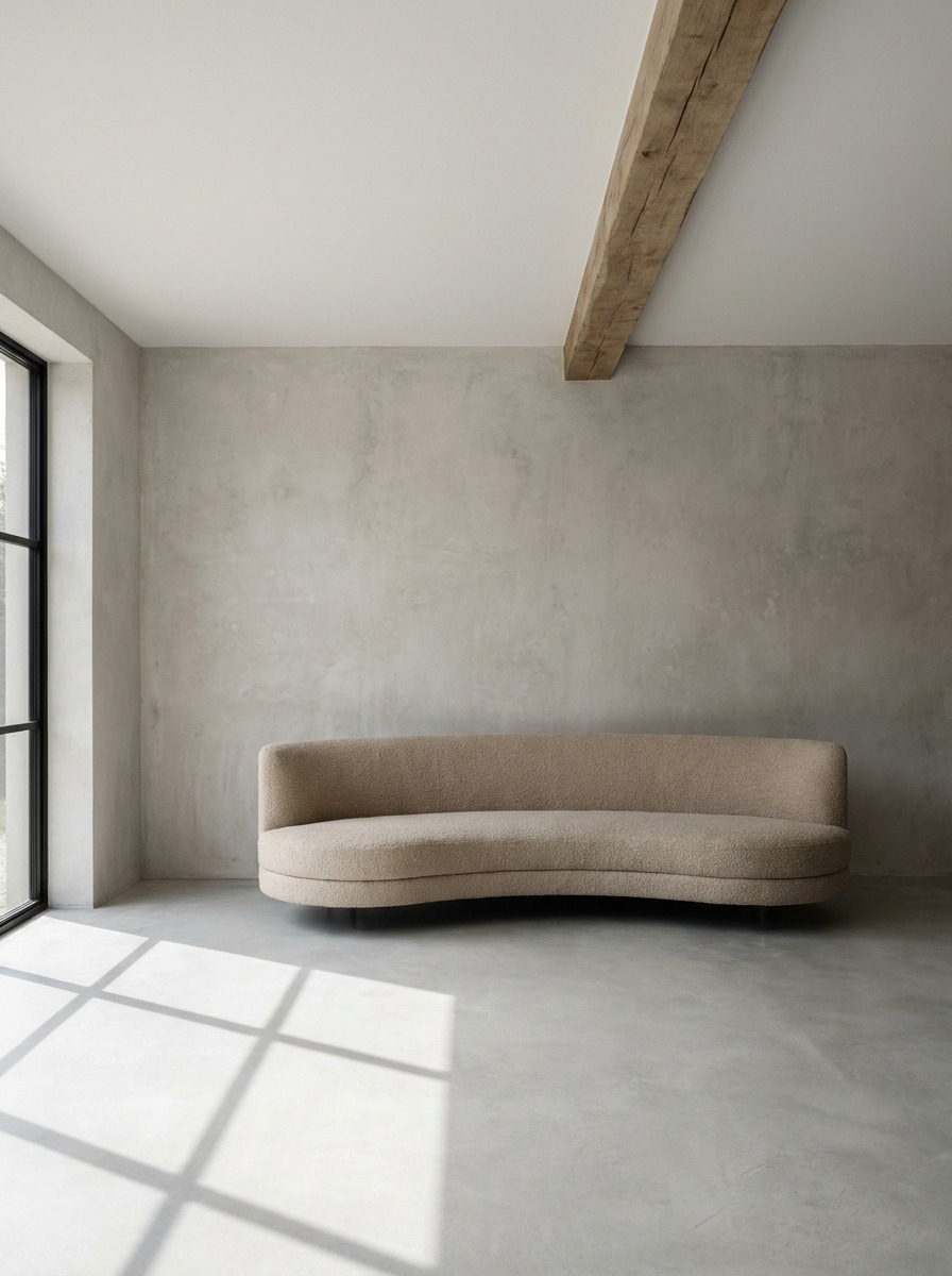 A minimal modern cottage living room with an oatmeal boucle sofa, raw timber beam, black steel window, and concrete floor.