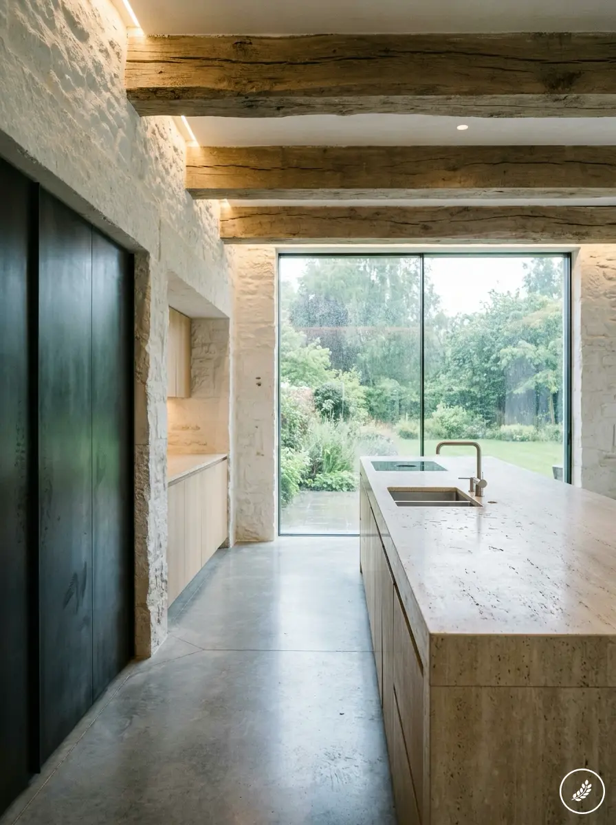 Modern kitchen with stone walls, exposed timber beams, and a large window opening to a green garden; an island with a sink.