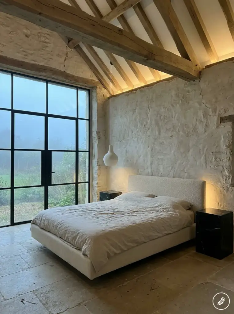 Minimalist rustic bedroom in barn conversion with exposed wooden beams, large industrial window, neutral bed and stone floor