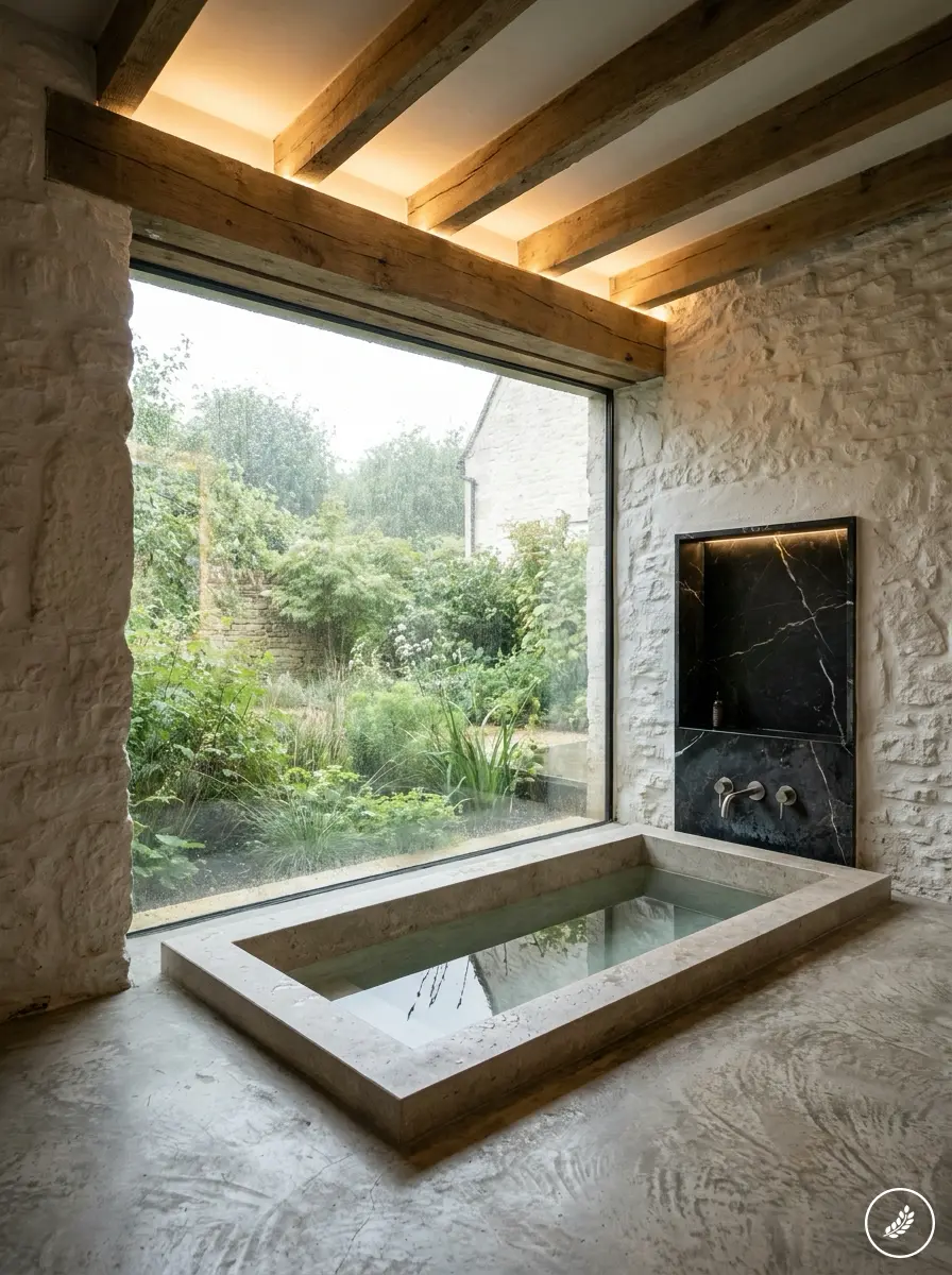 Sunken stone soaking tub in rustic modern bathroom with floor-to-ceiling window and lush garden view