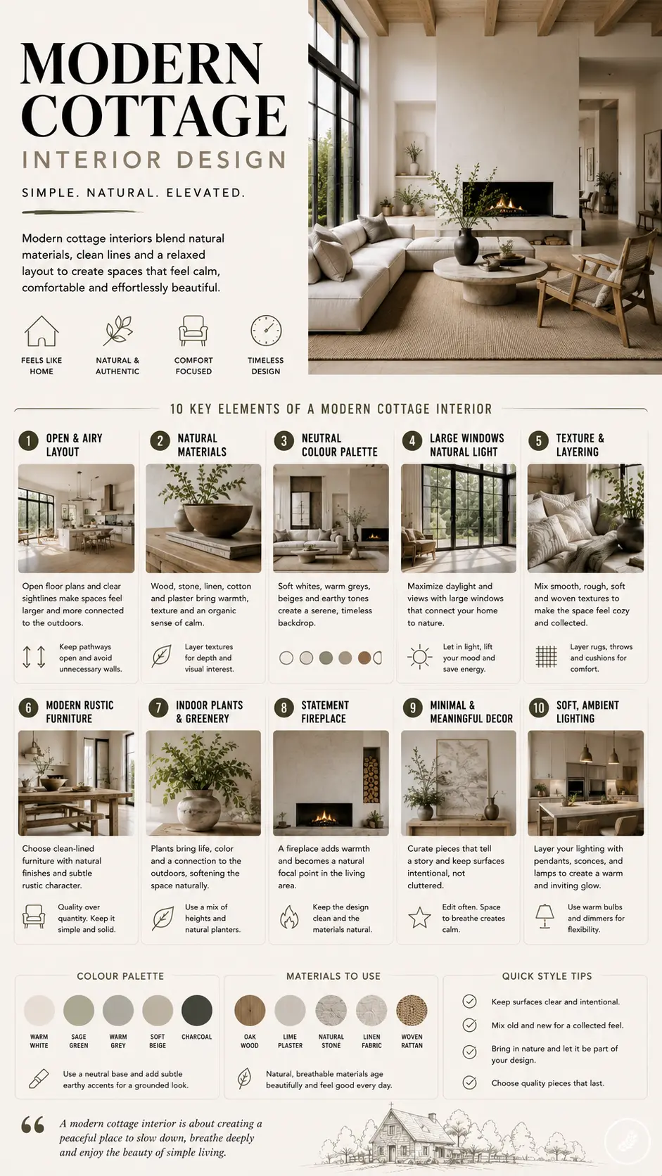 Modern cottage interior design infographic: open airy living room, neutral palette, natural materials, 10 key styling tips.