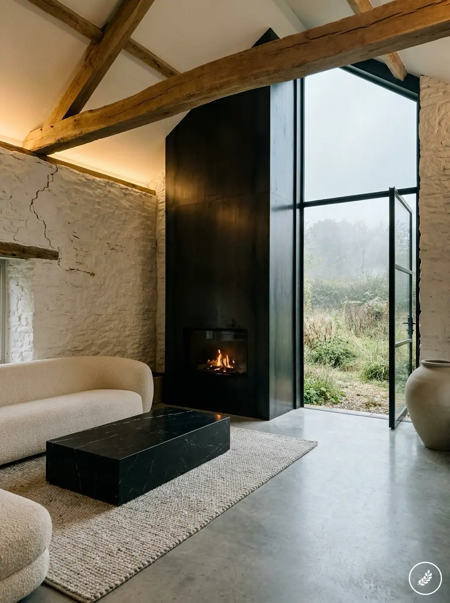 Modern rustic living room with exposed beams, cream sofa, black marble coffee table, tall fireplace and glass door to garden