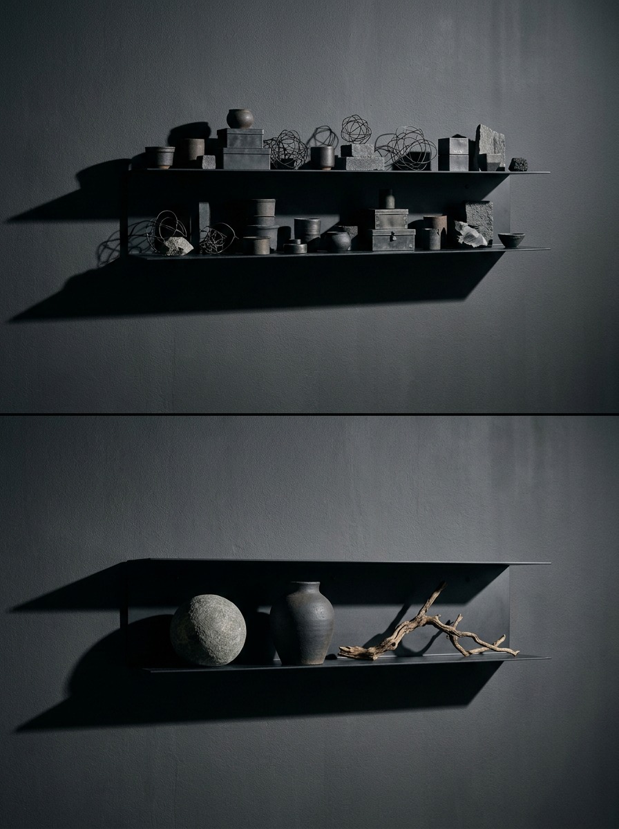 A before-and-after shelf styling study with an overloaded black steel shelf reduced to three sculptural objects.