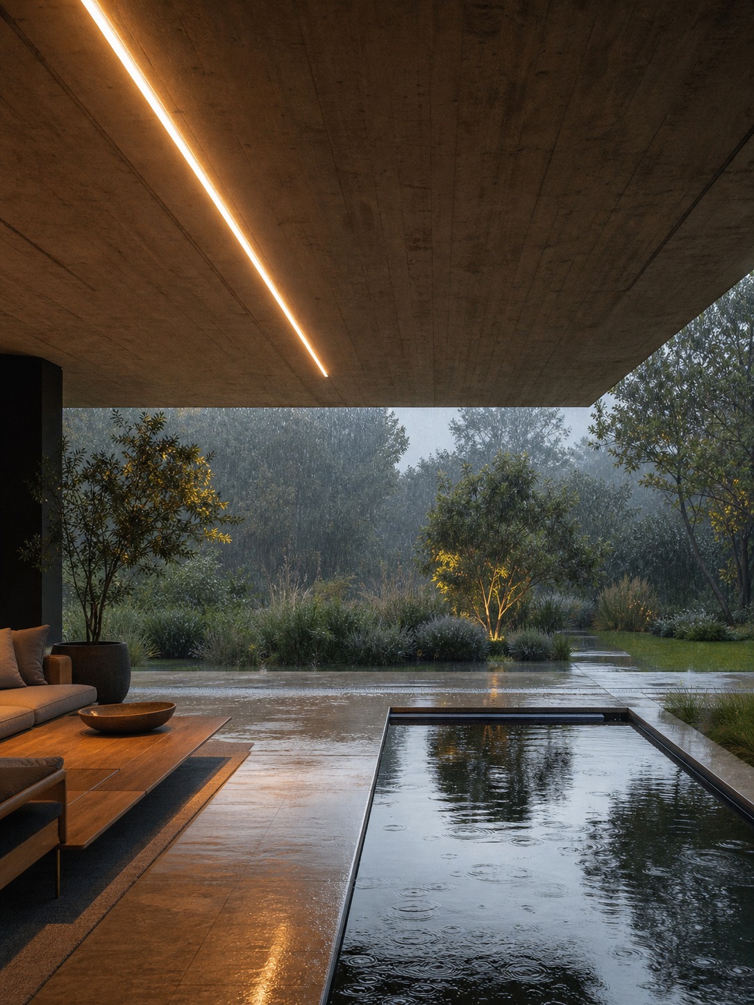 Covered cantilevered terrace in evening rain Modern outdoor living area under a concrete ceiling with a glowing linear light, overlooking a rain-wet pool and garden. | Sky Rye Design Ultra-modern covered terrace with warm linear light, light rain beyond the roofline, and a reflecting pool