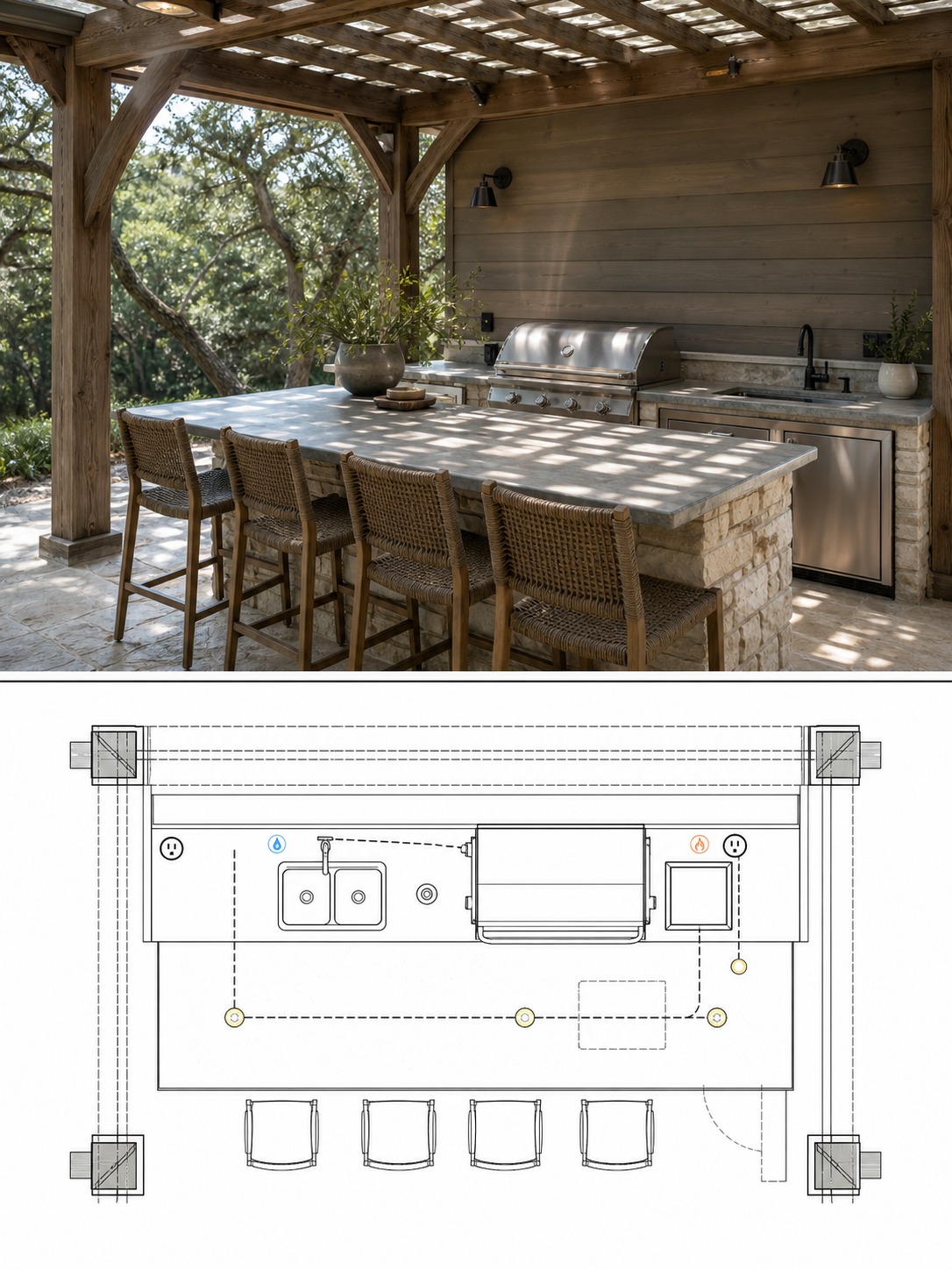 Split reference image showing a covered pergola outdoor kitchen with bar seating and utility routing.
