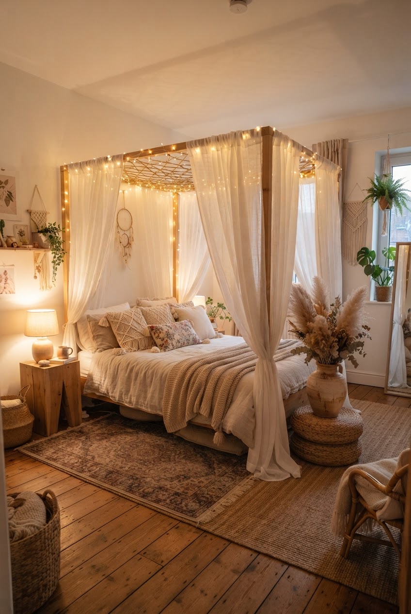 A cozy bohemian bedroom with a light wood canopy bed draped in sheer white curtains and lit with fairy lights.