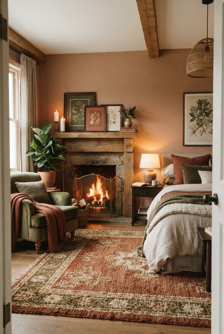 A cozy master bedroom with an earthy terracotta palette, plush rug, and a warm glowing fireplace mantel.