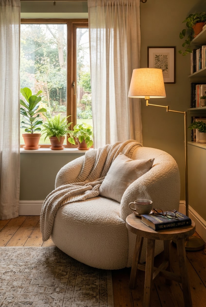 An inviting bedroom reading corner with a plush rounded armchair, brass floor lamp, and sunlit window.