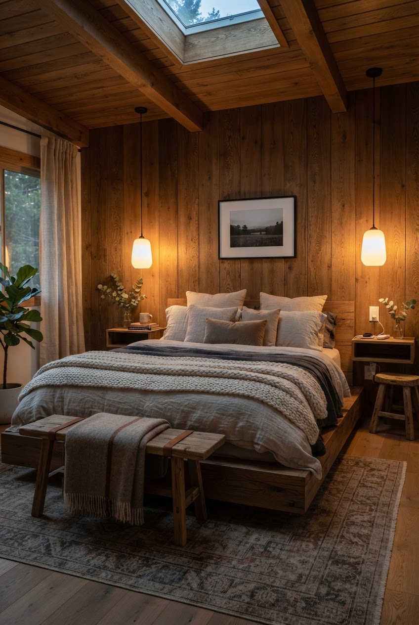 A cozy rustic modern bedroom featuring warm wood paneling, layered linen bedding, and soft glowing pendant lights.