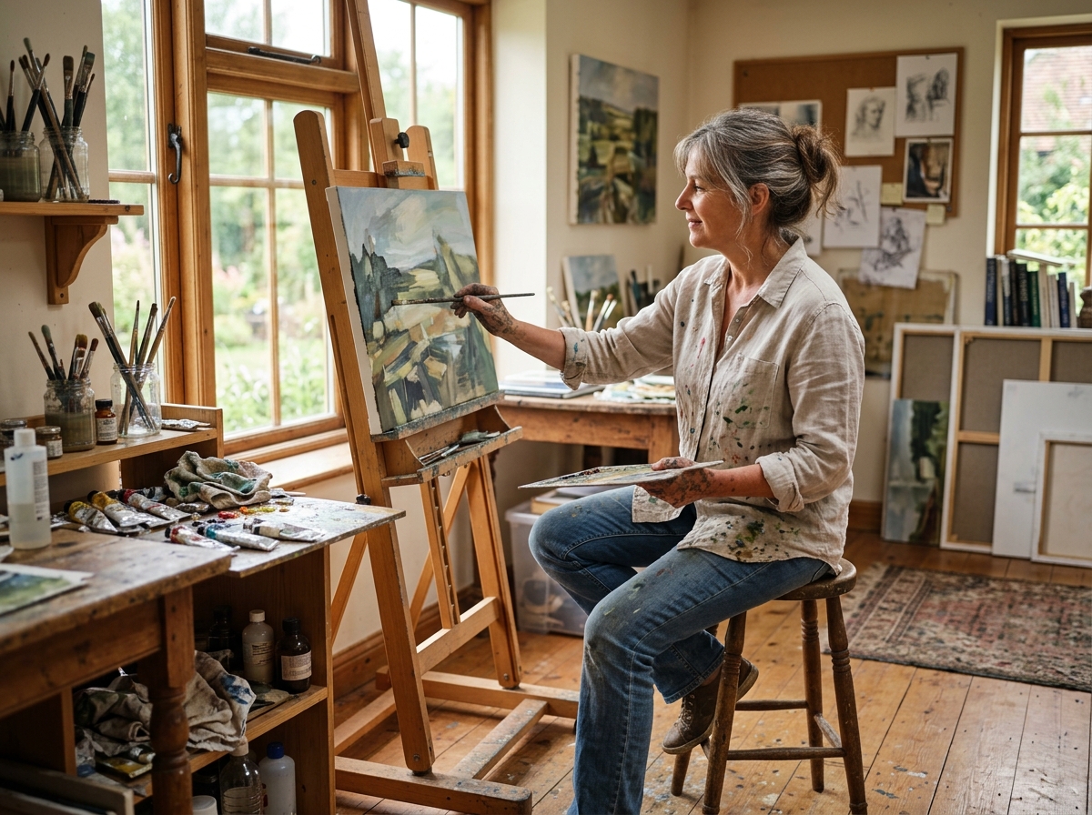 Cozy Home Art Studio with Natural Daylight A cozy home art studio filled with soft natural light from a large window, featuring an easel near the source, wooden floor, and neatly organized art supplies. | Sky Rye Design A cozy home art studio filled with soft natural light from a large window, featuring an easel near the source, wooden floor, and neatly organized art supplies.