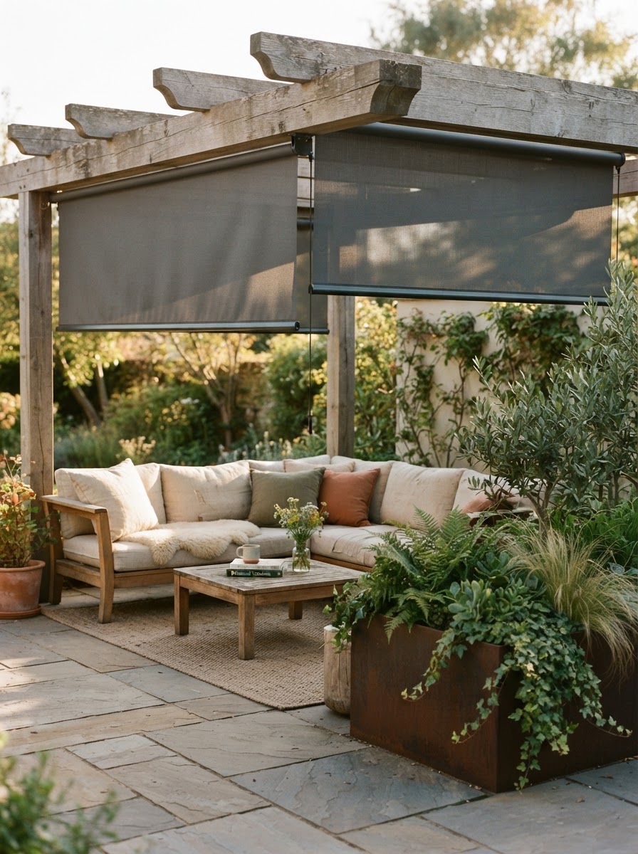 Cozy Patio Retractable Roller Shades Cozy contemporary patio featuring sleek retractable roller shades under a wooden pergola. | Sky Rye Design Cozy contemporary patio featuring sleek retractable roller shades under a wooden pergola.