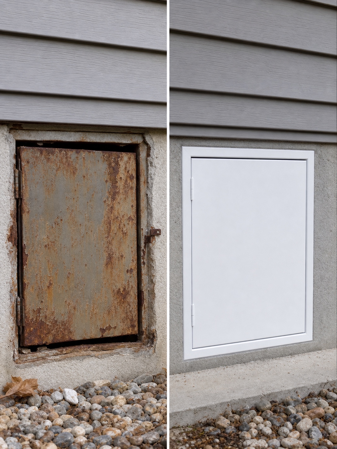 Before-and-after comparison of a rusted crawl-space door and a clean insulated access panel.