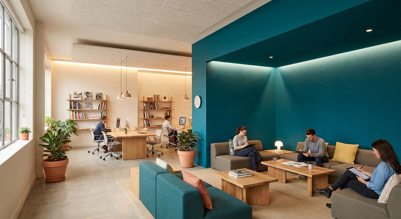Creative Office with a Saturated Accent Wall Creative agency office with a single saturated accent wall in a collaborative breakout space | Sky Rye Design Creative agency office with a single saturated accent wall in a collaborative breakout space