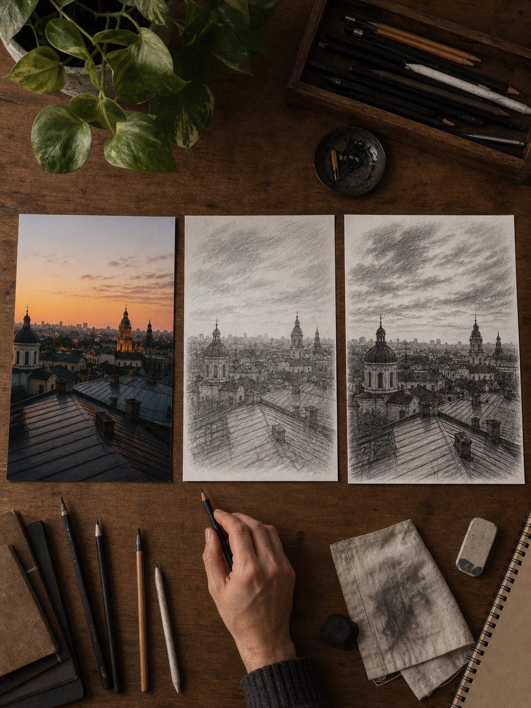 A reference photo, AI sketch conversion, and finished hand-drawn artwork laid out in sequence.