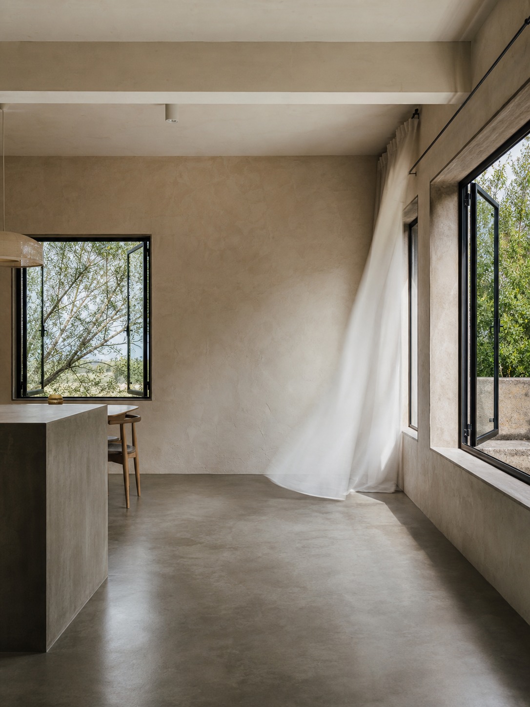 Cross-ventilation in an open-plan interior Open-plan room with windows on opposite walls creating a clear cross-ventilation path. | Sky Rye Design Open-plan room with windows on opposite walls creating a clear cross-ventilation path.