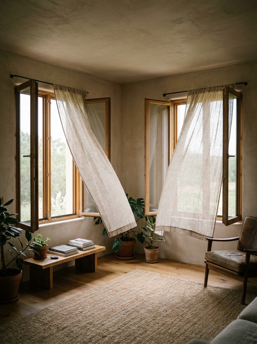 Sheer curtains billow between open windows in a bright room designed for cross-ventilation.