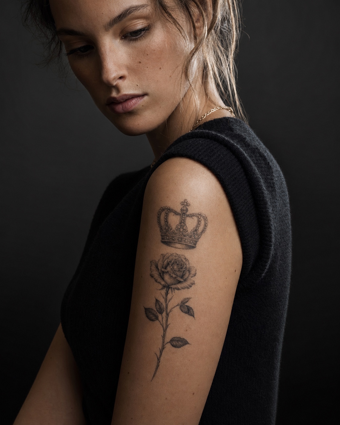Crown and rose upper arm tattoo Crown and rose tattoo on the upper arm in fine black and grey linework. | Sky Rye Design Crown and rose tattoo on the upper arm in fine black and grey linework.