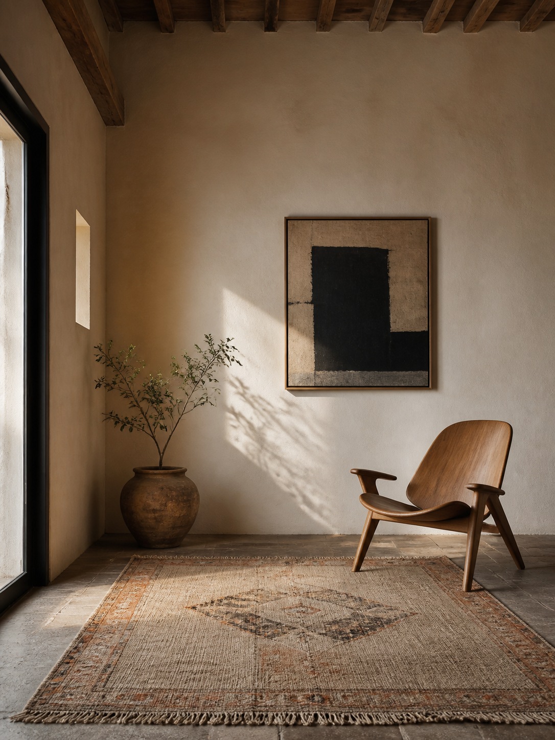 Curated considered boho living room A curated bohemian living room with one vintage rug, one sculptural chair, one artwork, and generous negative space. | Sky Rye Design A curated bohemian living room with one vintage rug, one sculptural chair, one artwork, and generous negative space.
