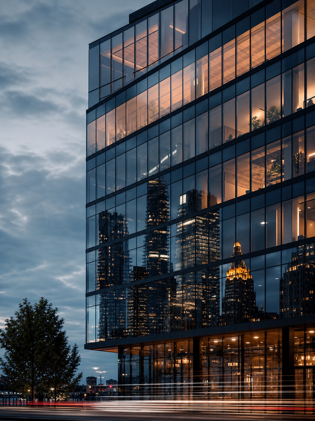 Curtain wall city reflection at blue hour Glass-wac office building at dusk with illuminated interiors and reflections of city skyscrapers in its glass facade, traffic trails in foreground | Sky Rye Design Mid-rise curtain wall building reflecting city lights and skyline at blue hour.