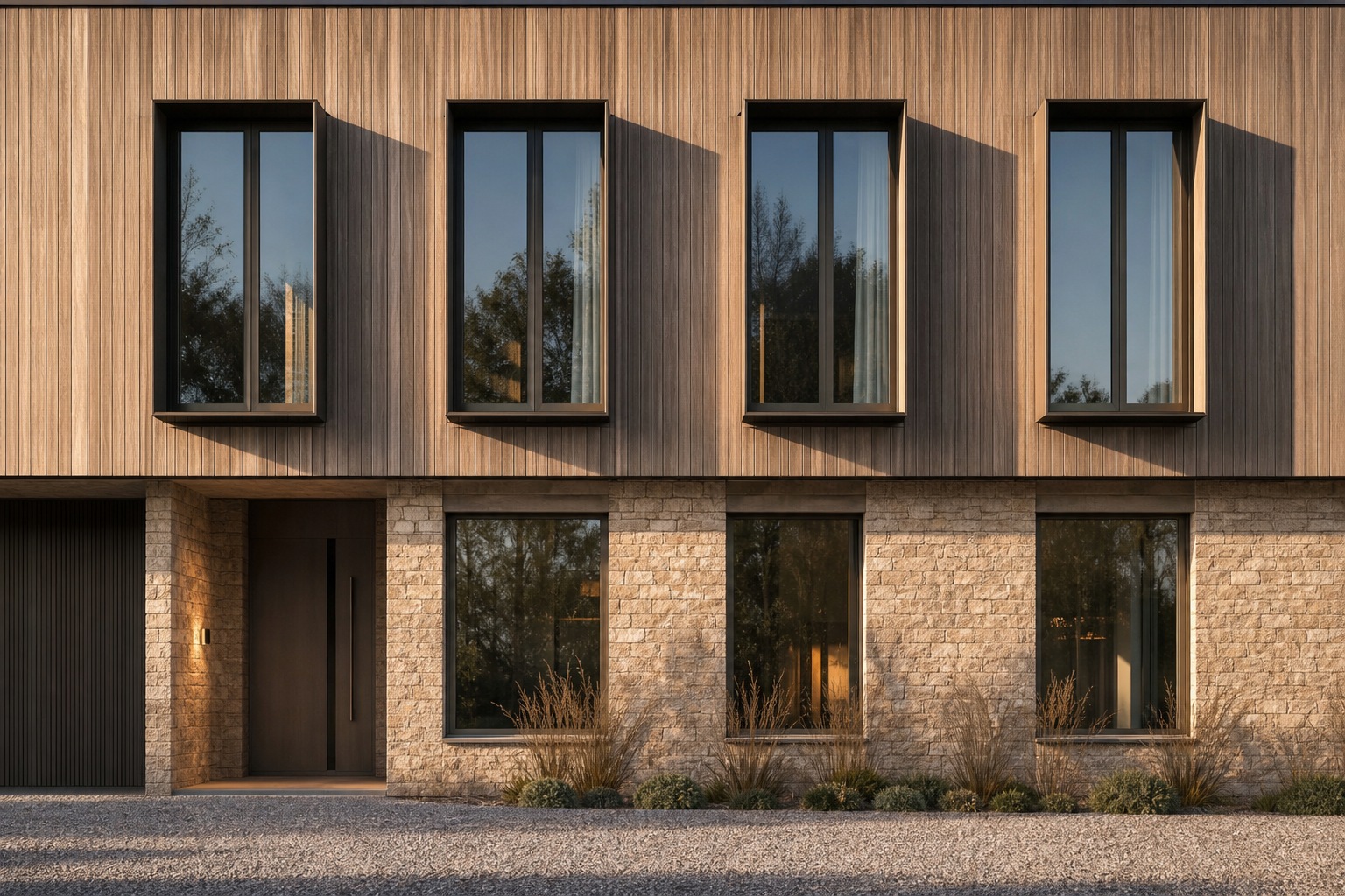 Facade proportion glazing rhythm elevation study Frontal facade study showing repeating bronze-framed window modules and cedar cladding. | Sky Rye Design Frontal facade study showing repeating bronze-framed window modules and cedar cladding.