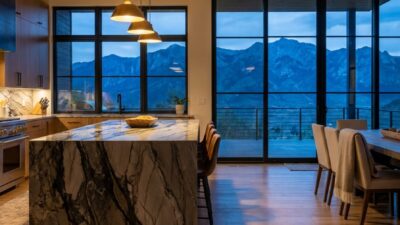 Wide interior architectural photograph of an open-concept custom home kitchen and dining space with stone island and mountain views.