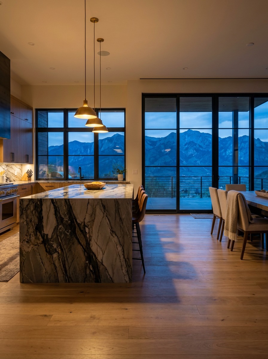 Completed Custom Home Interior Kitchen and Dining Wide interior architectural photograph of an open-concept custom home kitchen and dining space with stone island and mountain views. | Sky Rye Design Wide interior architectural photograph of an open-concept custom home kitchen and dining space with stone island and mountain views.
